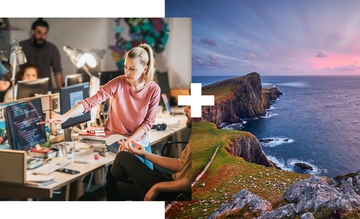 Collage of 2 | Women sitting on a desk | Neist Point Lighthouse, Isle of Skye