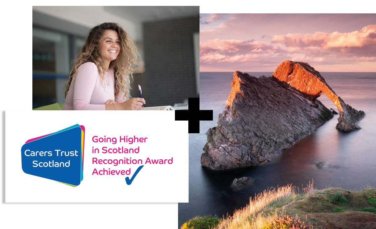 Collage of 3 | Going Higher in Scotland Recognition Award Achieved logo | Woman smiling | Bow Fiddle Rock, Moray