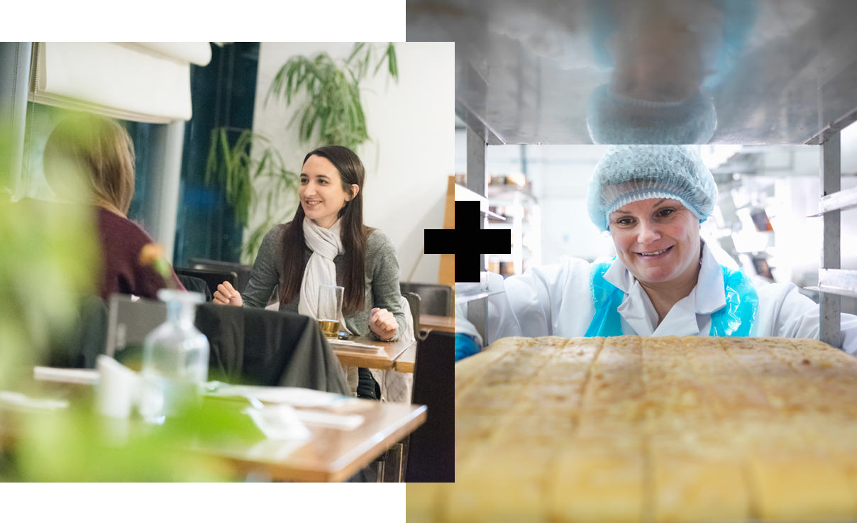 Collage of 2 | Two students talking | Woman baking a cake