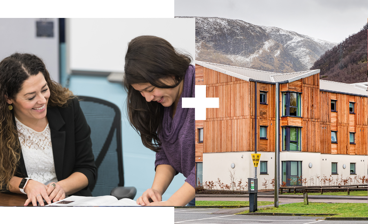 Collage of 2 | Two woman working at a table | UHI student accommodation in Fort Willian