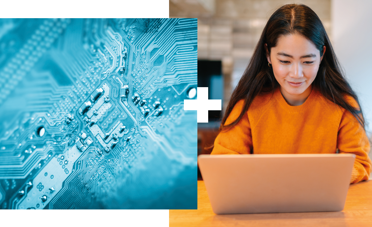 Collage of 2 | Close-up image of a circuit board | Student at a laptop