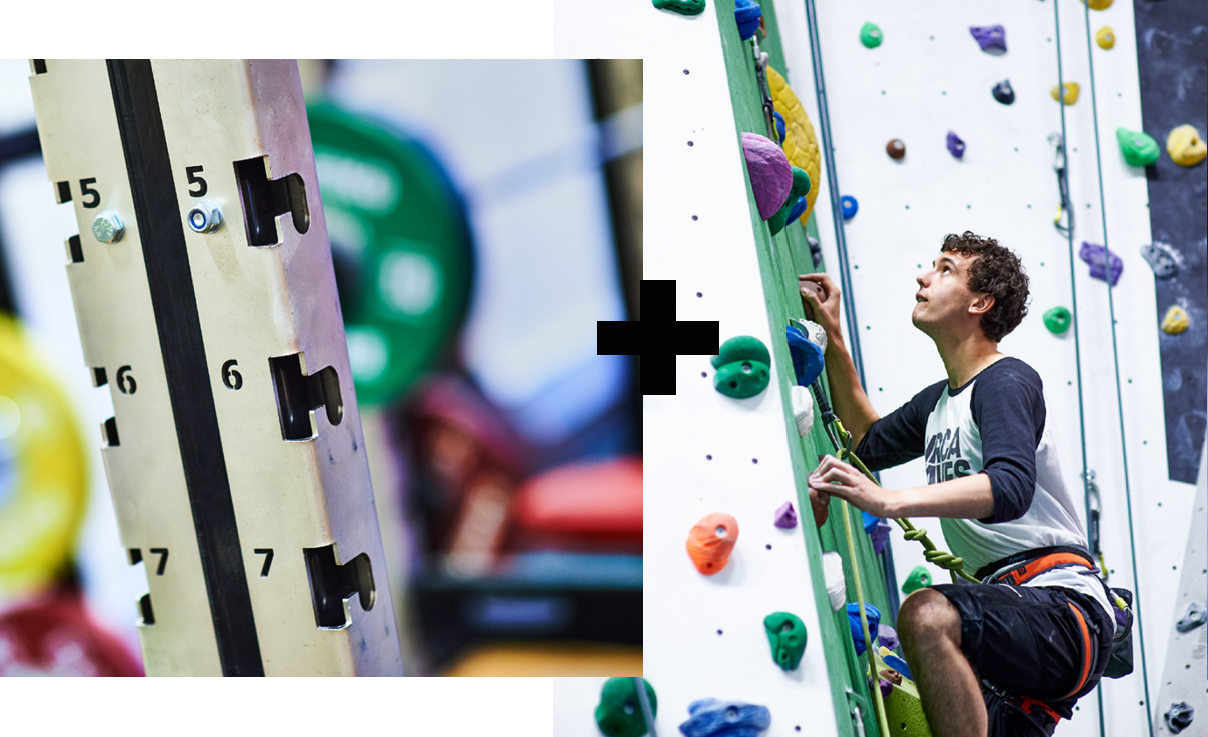 Collage of 2 | Close-up of gym equipment | Man climbing on a climbing wall