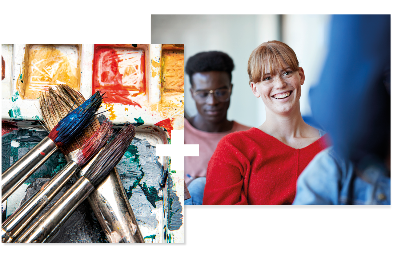 Collage of 2 | Paint brushes on an artist palette | Student smiling in a classroom Collage of 2 | Paint brushes on an artist palette | Student smiling in a classroom
