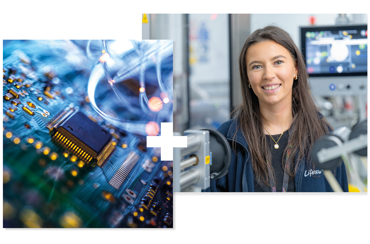 Collage of 2 | Close-up of a circuit board | A student in a factory Collage of 2 | Close-up of a circuit board | A student in a factory