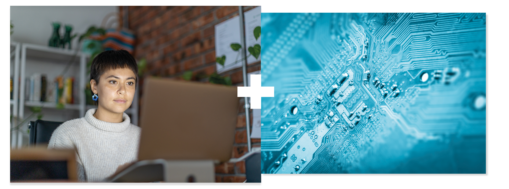 Collage of 2 | Student sitting at a laptop | Close-up of a circuit board Collage of 2 | Student sitting at a laptop | Close-up of a circuit board