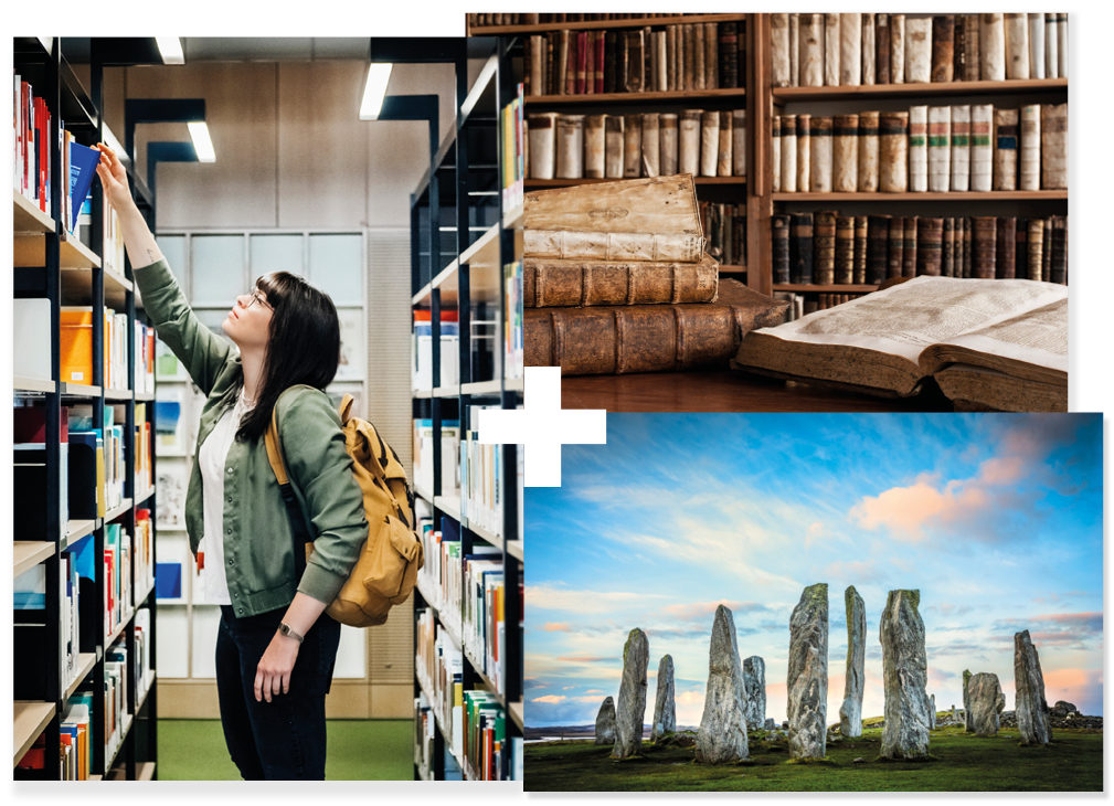 Collage of 3 | Student in a library | Books in a library | Calanais Standing Stones Collage of 3 | Student in a library | Books in a library | Calanais Standing Stones