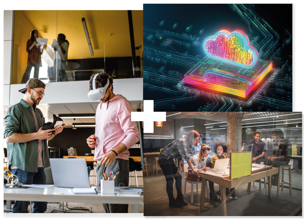 Collage of 3 | Students using augmented reality technology | A bright coloured digital cloud | People working at a table in an office Collage of 3 | Students using augmented reality technology | A bright coloured digital cloud | People working at a table in an office