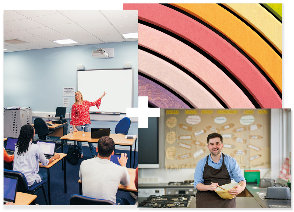 Collage of 3 | Teacher in a classroom | Close-up of a colourful toy | Teacher in a home economics classroom Collage of 3 | Teacher in a classroom | Close-up of a colourful toy | Teacher in a home economics classroom